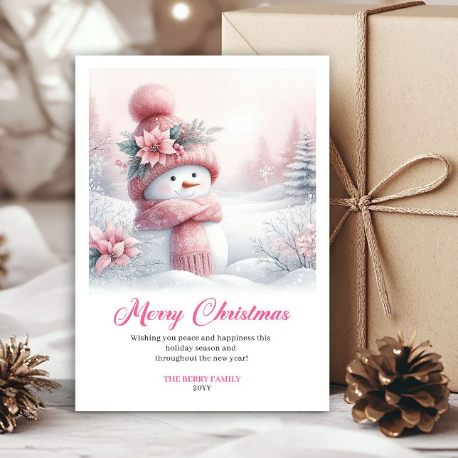 Cartão De Festividades Rosy snowy pink snowman kids card digital editable (Rosy snowy pink snowman kids card digital editable)