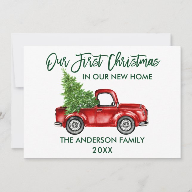 Cartão De Festividades Roteiro de Pincel Verde Primeiro Natal Novo Caminh (Frente)