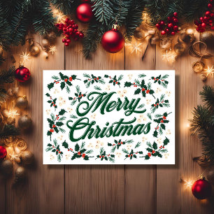 Cartão De Festividades Roteiro Feliz Natal Azevinho Vermelho e Verde