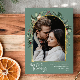 Cartão De Festividades Roteiro Moderno Arco Verde Dourado Foto