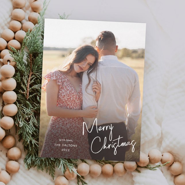 Cartão De Festividades Roteiro Moderno de Feliz Natal Foto Simples (Modern handwritten merry christmas script photo holiday card.)