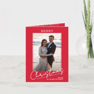 Cartão De Festividades Roto Script Chic de Natal em Foto Vermelha Dobrada