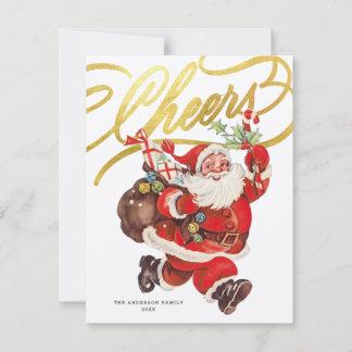 Cartão De Festividades Rótulo Dourado Retro Santa Cumprimentos Natal Sem 