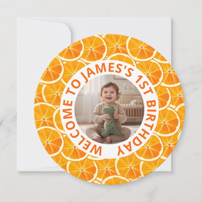 Cartão De Festividades Round Custom Photo & Citrus Birthday Invitation (Frente)