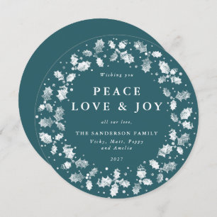 Cartão De Festividades Round Green Holly Wreath Peace Love + Joy