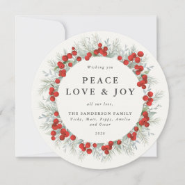 Cartão De Festividades Round Red Berries Peace Love + Joy Holiday Card
