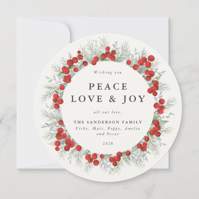 Cartão De Festividades Round Red Berries Peace Love + Joy Holiday Card (Frente)