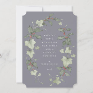 Cartão De Festividades Roxo Desaturado Aquarela Azevinho & Hera