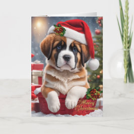 Cartão De Festividades Rua de Natal. Um cachorrinho Bernard numa cesta
