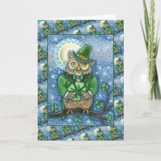 CARTÃO DE FESTIVIDADES RUAS. PATRICK DAY OWL, 4 LEAF CLOVER LEPRECHAUN (Frente)