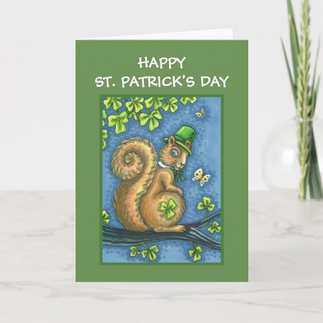 CARTÃO DE FESTIVIDADES RUAS. PATRICKS DAY LEPRECHAUN SQUIRREL, SORTE IRLA (Frente)