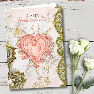 Cartão De Festividades Rubor Rococó Floral Coração Galentine Renda Elegân