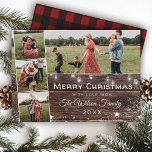 Cartão De Festividades Russo Country Wood String Luzes Mason Jars<br><div class="desc">Celebrar o Natal com estes cartões de colagem de quatro fotos. A tipografia escrita à mão e as luzes de cordas com jarras de mason fazem a vibração perfeita, quente e country para este cartões de natal e são uma escolha excelente para familiares e amigos. A parte de trás apresenta...</div>