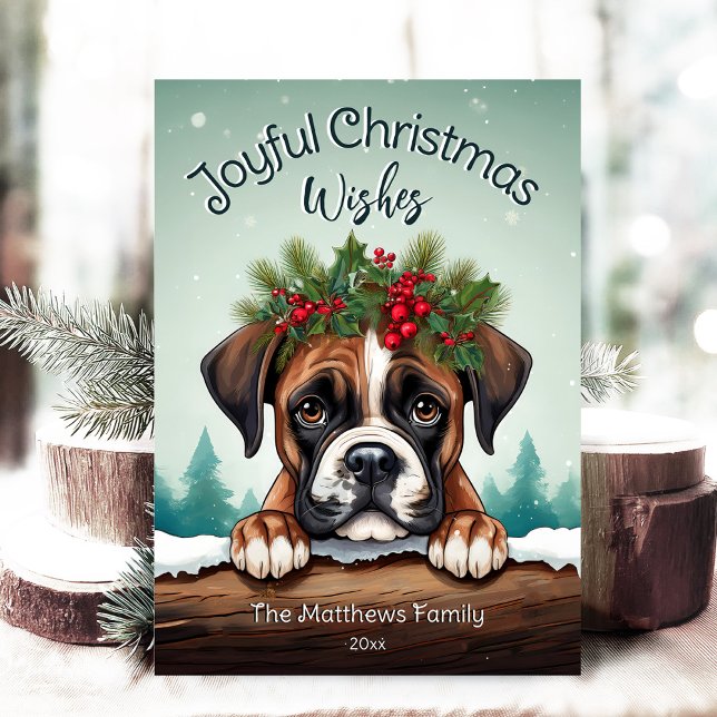 Cartão De Festividades Russo Forest Pines Peeking Boxer Feliz Natal (Adorable Winter Snowy Scene With Peeking Dogs or Farm/Woodland Animals - Over 50 to Choose From!)