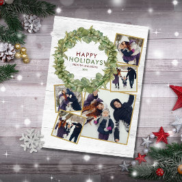 Cartão De Festividades Rustic 5 Photo Collage Greenery Burgundy Natal
