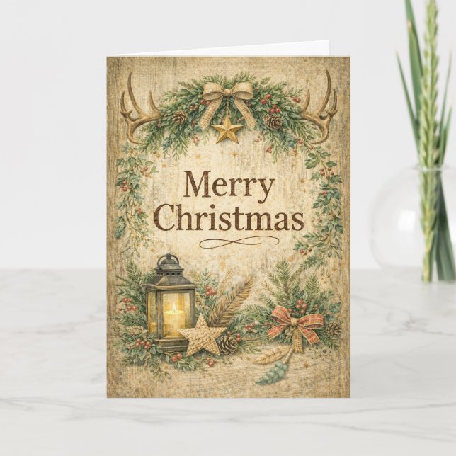 Cartão De Festividades Rustic Antler Wreath Merry Christmas  (Frente)