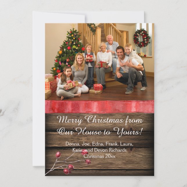 Cartão De Festividades Rustic Barnwood Candle Holly Berries Foto Xmas (Frente)