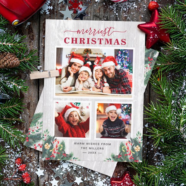 Cartão De Festividades Rustic Birch Mistletoe Merriest Natal 3 Foto (Criador carregado)