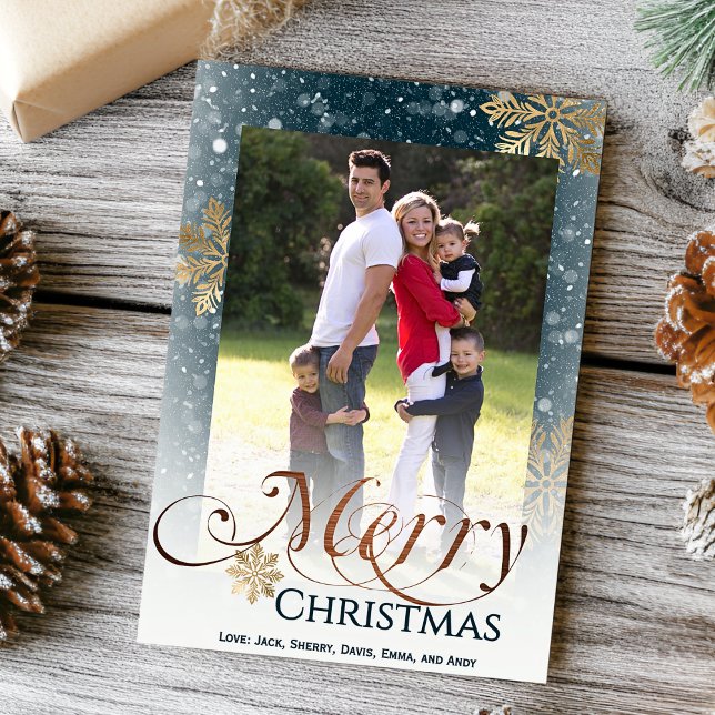 Cartão De Festividades Rustic Blue Snowflakes Felry Foto de Natal (Criador carregado)