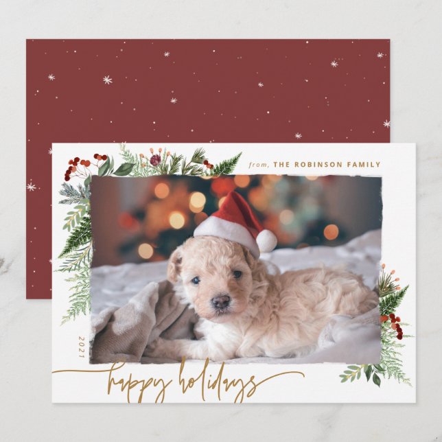 Cartão De Festividades Rustic Boho Greenery Dourado Efeito Pincel Seco Fo (Frente/Verso)