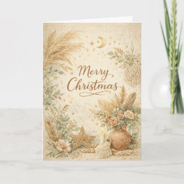 Cartão De Festividades Rustic Boho Neutral Floral Merry Christmas