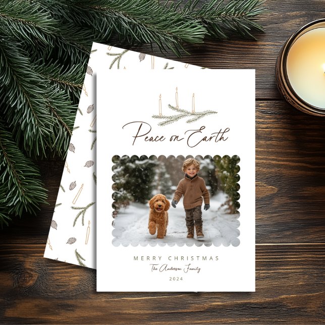 Cartão De Festividades Rustic Botanical Peace on Earth Script Photo (Shown on a 5" x 7" card)