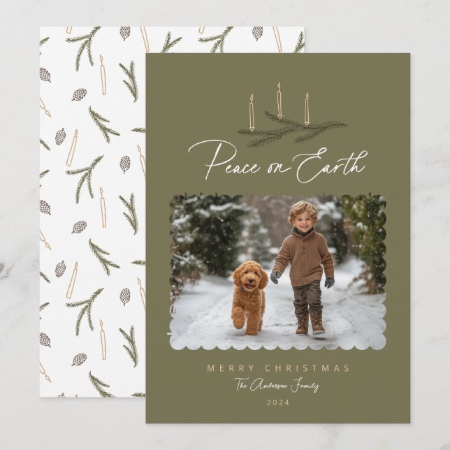 Cartão De Festividades Rustic Botanical Peace on Earth Script Photo (Frente/Verso)