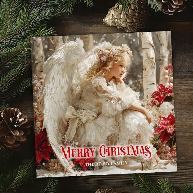 Cartão De Festividades Rustic Christmas angel red poinsettias seasonal   (Rustic Christmas angel red poinsettias seasonal card)