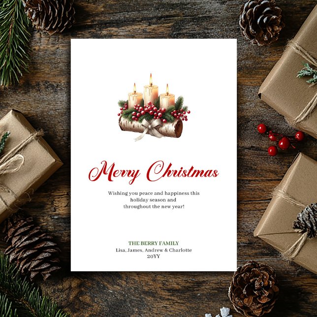 Cartão De Festividades Rustic Christmas candles on wooden log card (Rustic Christmas candles on wooden log card)