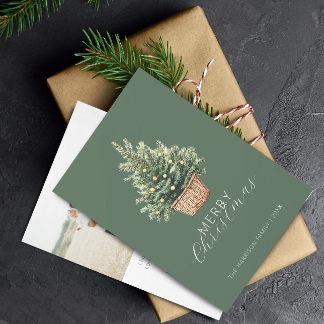 Cartão De Festividades Rustic Christmas Tree In Basket Photo Flat (Rustic Christmas Tree In Basket Flat Holiday Card)