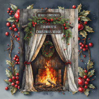 Cartão De Festividades Rustic Farmhouse Magic Christmas Fireplace Hearth
