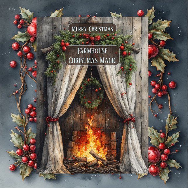 Cartão De Festividades Rustic Farmhouse Magic Christmas Fireplace Hearth  (Rustic Farmhouse Magic Christmas Fireplace Hearth Holiday Card)