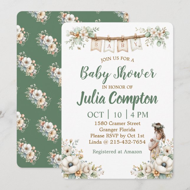 Cartão De Festividades Rustic Floral Baby Shower Invitation  (Frente/Verso)