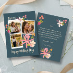 Cartão De Festividades Rustic Floral Photo Collage Mother's Day<br><div class="desc">Give Mom a gift that feels as warm as a summer afternoon. This elegant Mother’s Day card features a beautiful three-photo collage, allowing you to showcase your favorite moments—from quiet hugs to playful walks in the meadow. Set against a sophisticated deep teal background, the design is accented with hand-drawn botanical...</div>