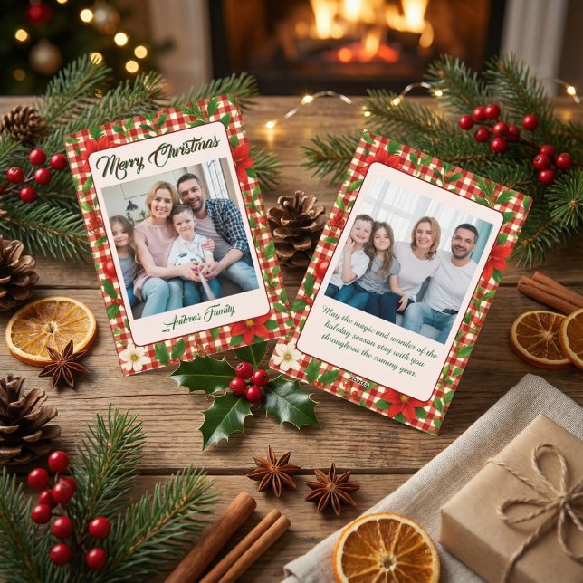 Cartão De Festividades Rustic Floral Plaid 2 Photo Christmas Holiday Card (Criador carregado)