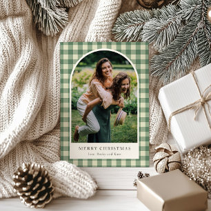 Cartão De Festividades Rustic Green Gingham Arch Foto do Natal Moderno