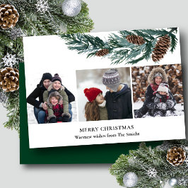 Cartão De Festividades Rustic Green Pine Cone Bough 3 Photo Minimalist
