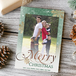 Cartão De Festividades Rustic Green Snowflakes Foto de Natal Feliz