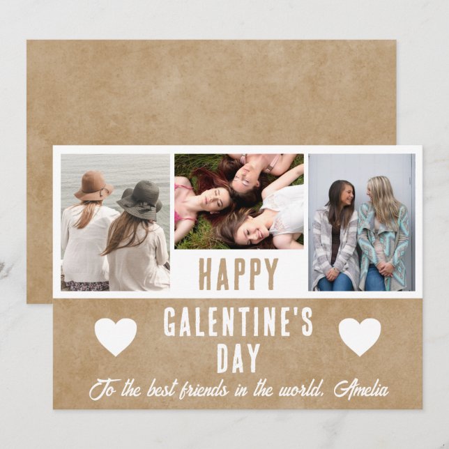 Cartão De Festividades Rustic Heart Galentine's Day Friends 3 Foto (Frente/Verso)