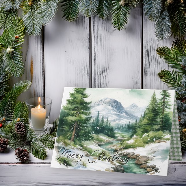 Cartão De Festividades Rustic Highlands Mountain Scene Merry Christmas (Rustic Highlands Mountain Winter Snowy Scene "Merry Christmas" Folded Holiday Card)