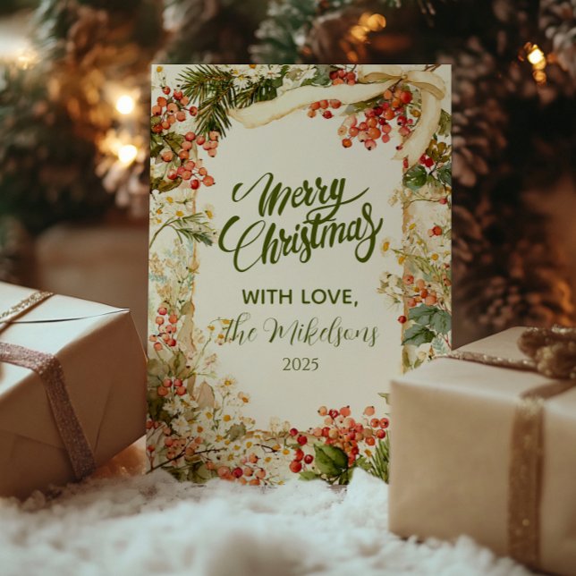 Cartão De Festividades Rustic Holly Berry Natal (Criador carregado)