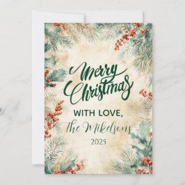 Cartão De Festividades Rustic Holly e Pine Christmas