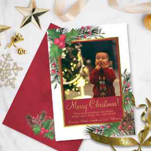 Cartão De Festividades Rustic Holly & Pine com Foto Feliz Natal