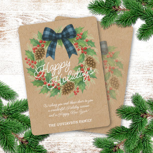 Cartão De Festividades Rustic Holly Wreath Blue Arco Checkered Black