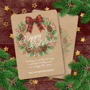 Cartão De Festividades Rustic Holly Wreath Red Black Checking Arco