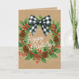 Cartão De Festividades Rustic Holly Wreath White Black Checking Arco