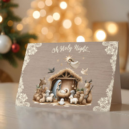 Cartão De Festividades Rustic Lace and Wood Nativity Scene Christmas Card