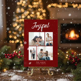 Cartão De Festividades Rustic Merry Four Family Photo Collage Red