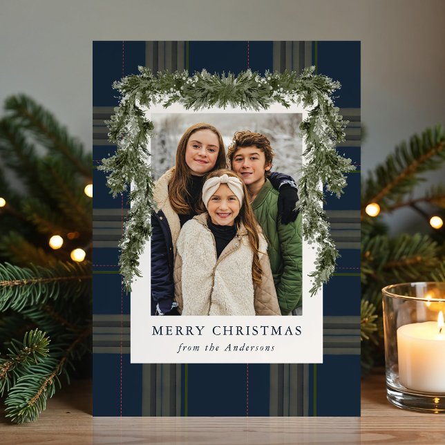 Cartão De Festividades Rustic Navy Plaid Greenery Christmas 4 Photo (Criador carregado)