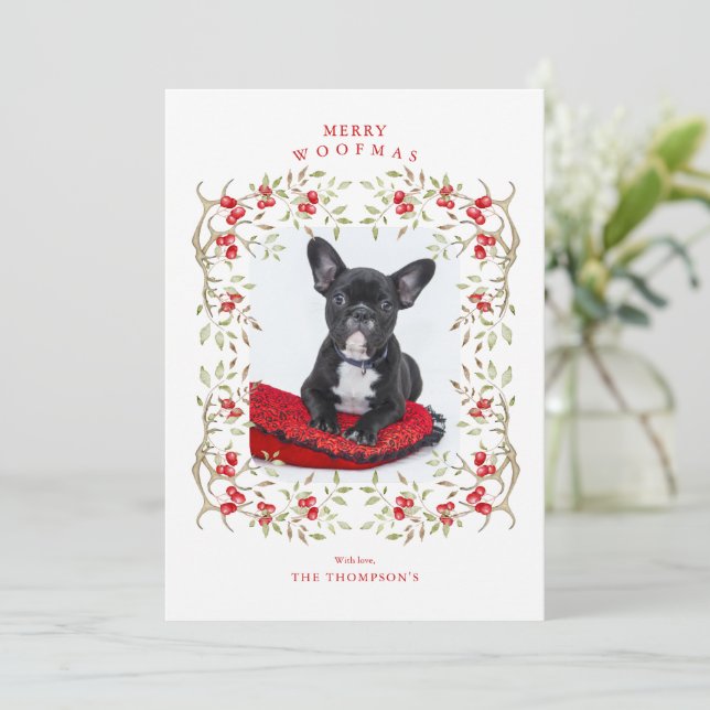 Cartão De Festividades Rustic Pet Woodland Antler e Berry Wreath Photo (Em pé/Frente)